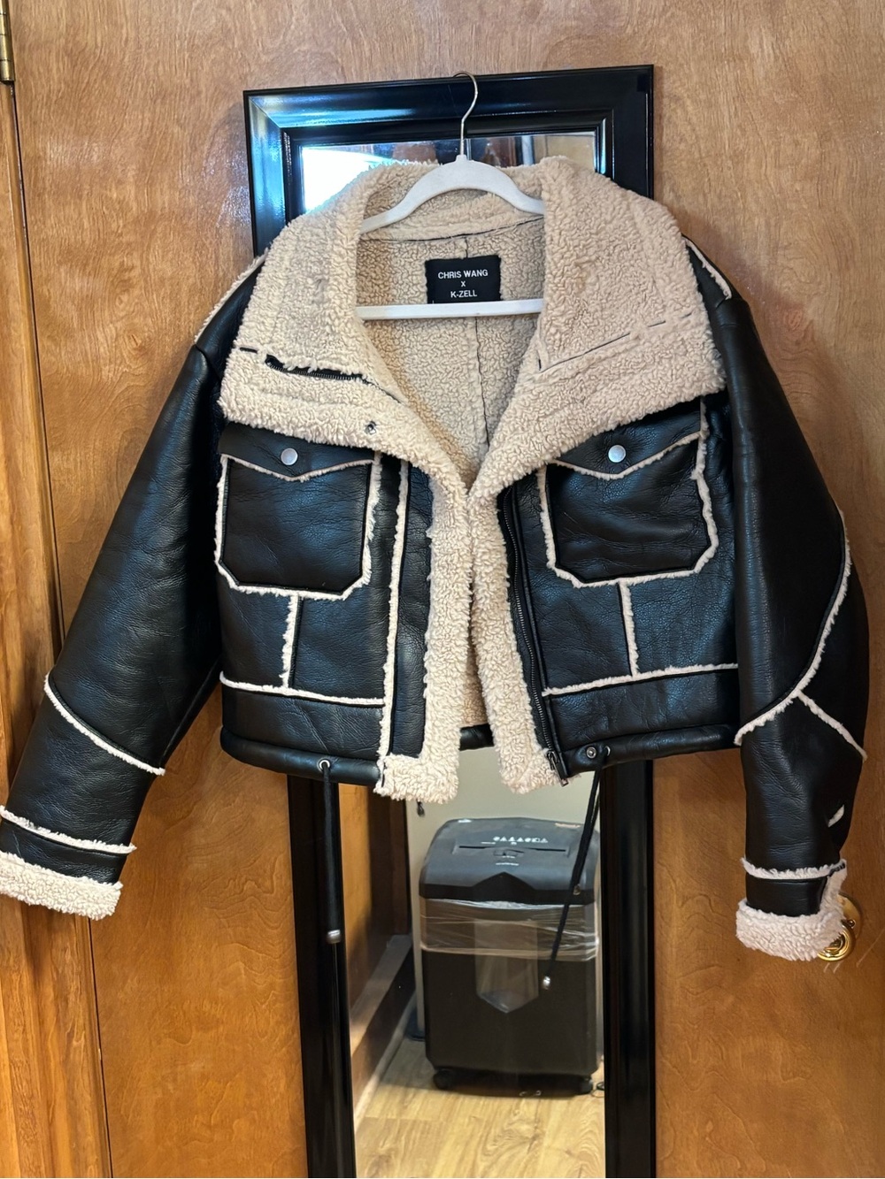 Chris Wang Faux Shearling Moto Jacket – Black & Cream – Size Large